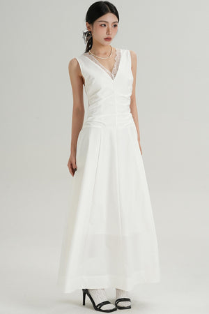 V-Neck Slim Pleated Lace Dress