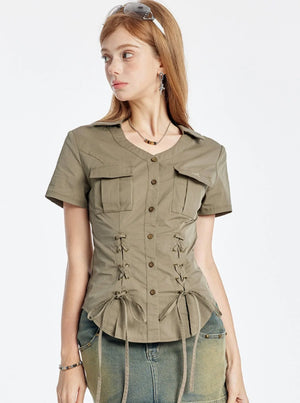 V-Neck Strappy Short Sleeve Shirt