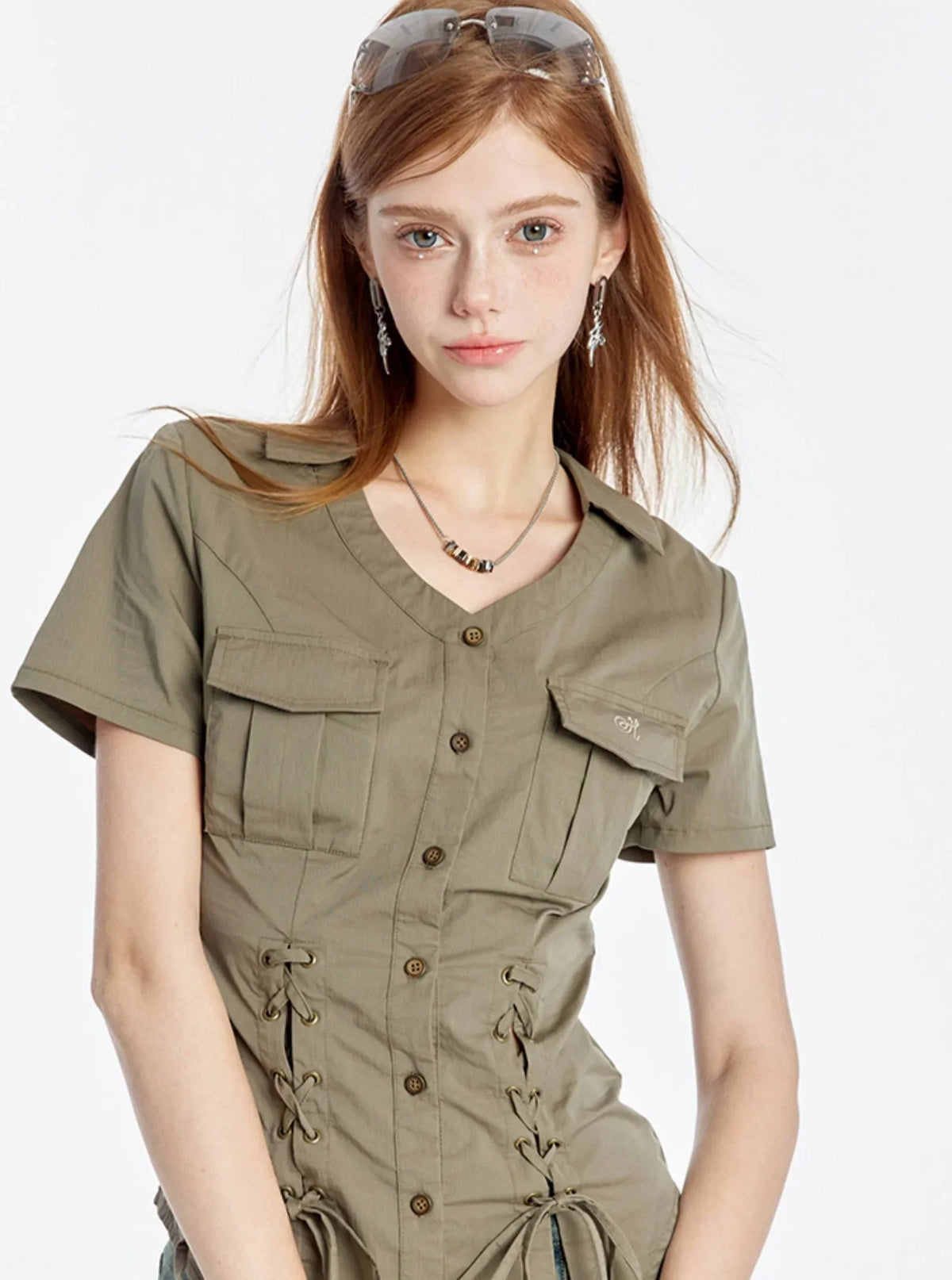 V-Neck Strappy Short Sleeve Shirt