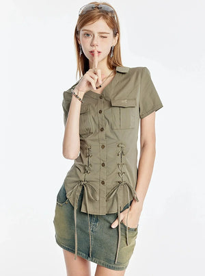 V-Neck Strappy Short Sleeve Shirt
