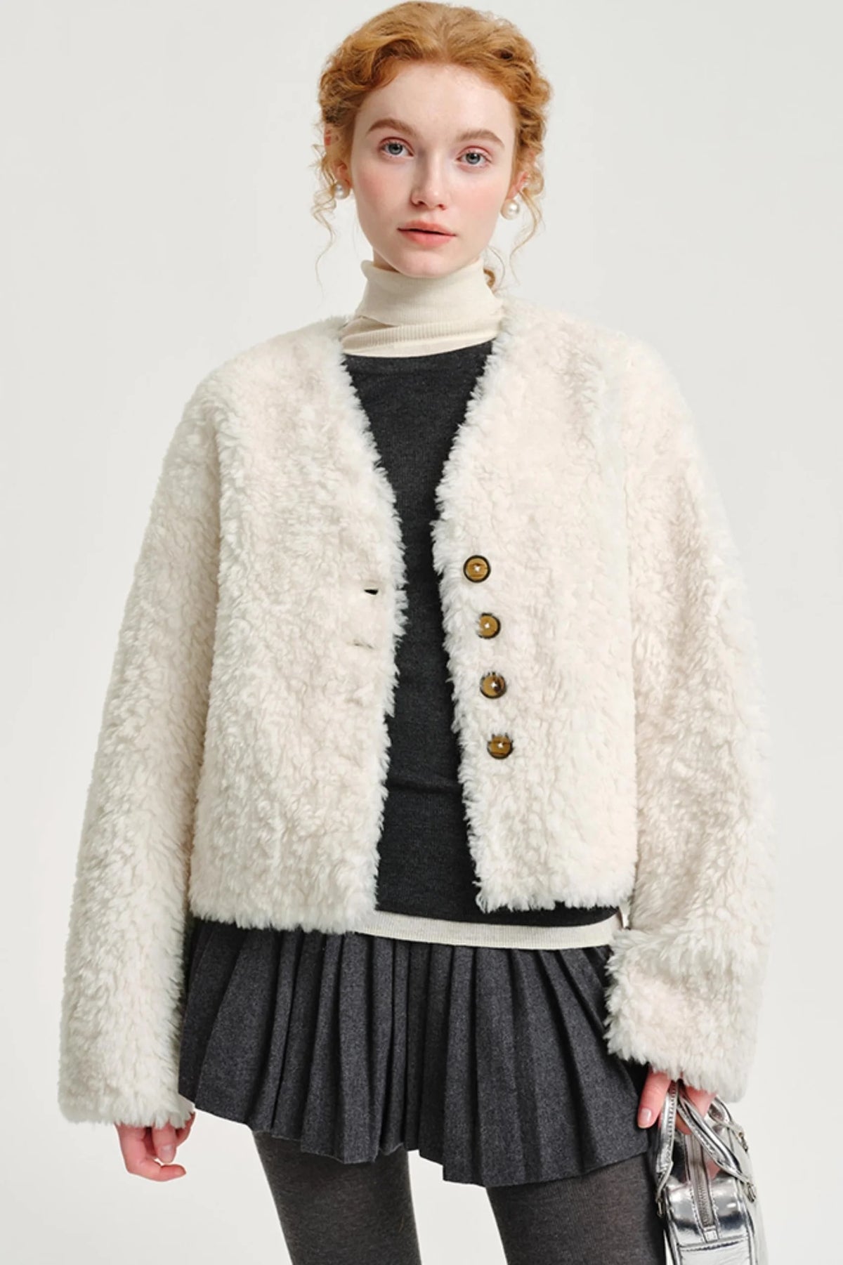 V-Neck Wool Fur Coat