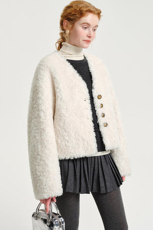 V-Neck Wool Fur Coat