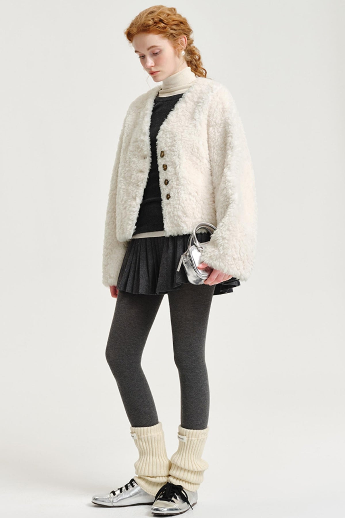 V-Neck Wool Fur Coat