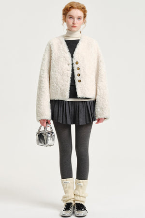 V-Neck Wool Fur Coat