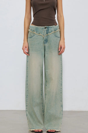 V-Shaped Raw Edge Rivet Denim Pants