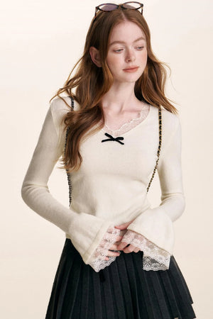 Velvet Bow Lace V-Neck Knit Top