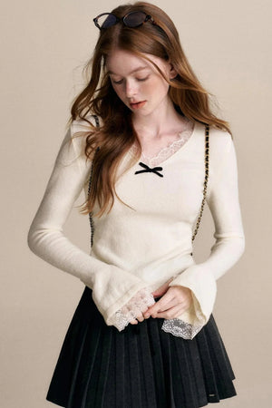 Velvet Bow Lace V-Neck Knit Top