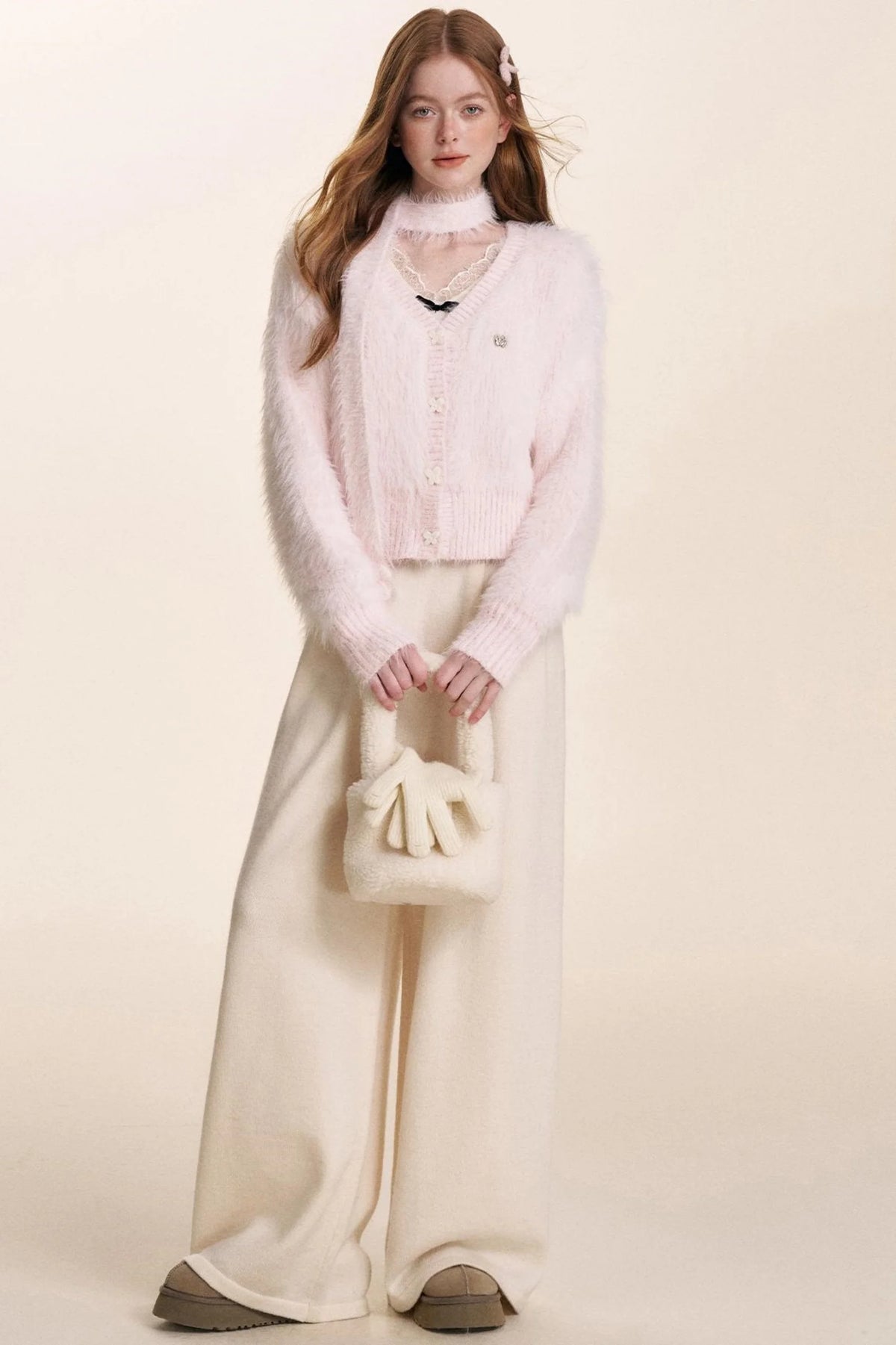 Velvet Bow Lace V-Neck Knit Top