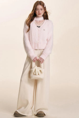 Velvet Bow Lace V-Neck Knit Top