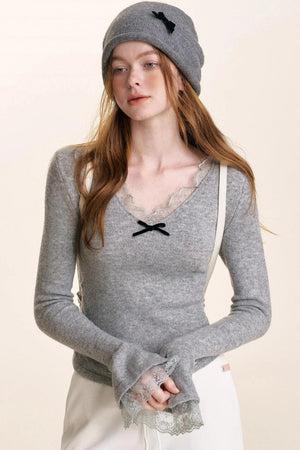 Velvet Bow Lace V-Neck Knit Top