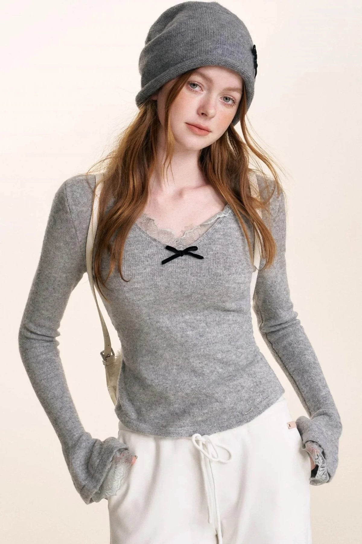 Velvet Bow Lace V-Neck Knit Top