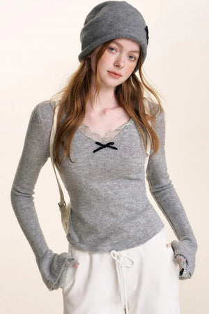 Velvet Bow Lace V-Neck Knit Top