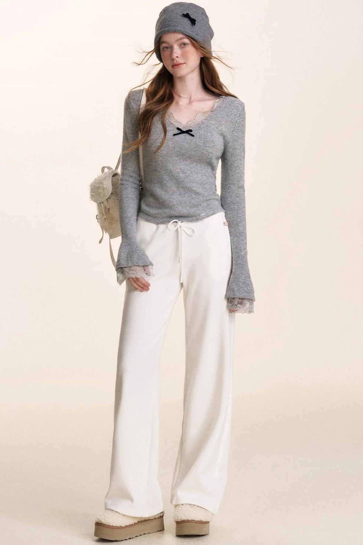 Velvet Bow Lace V-Neck Knit Top