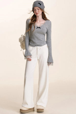 Velvet Bow Lace V-Neck Knit Top