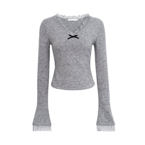 Velvet Bow Lace V-Neck Knit Top