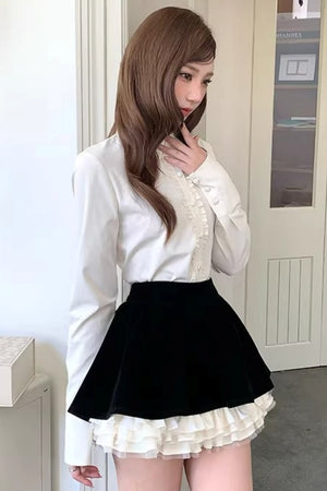 Velvet Patchwork Long-Sleeve Shirt Set-Up