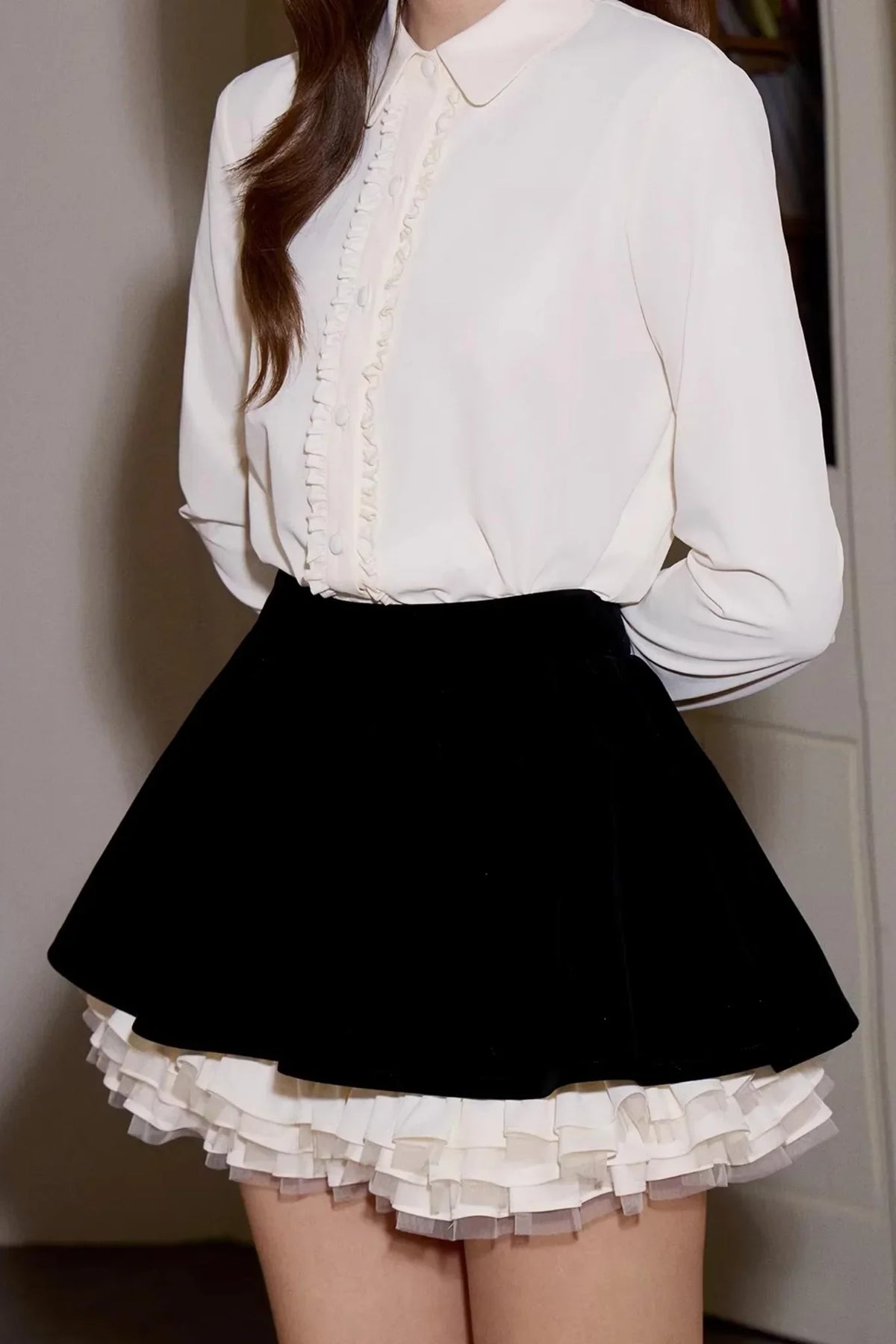 Velvet Patchwork Long-Sleeve Shirt Set-Up