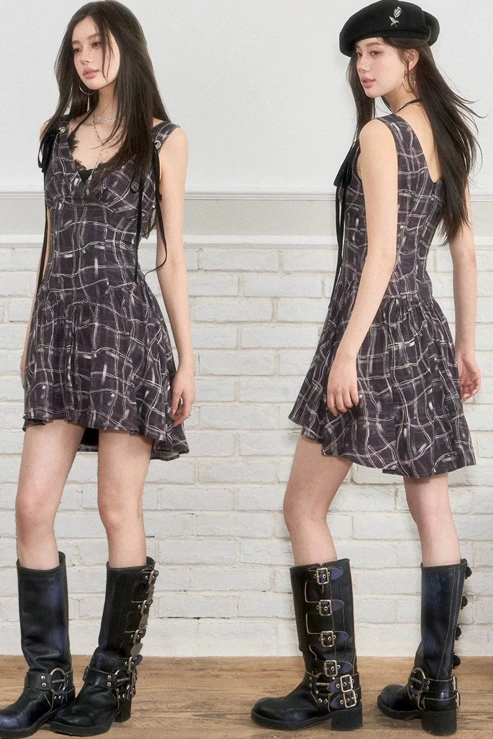 Velvet Plaid Tie-Up Dress