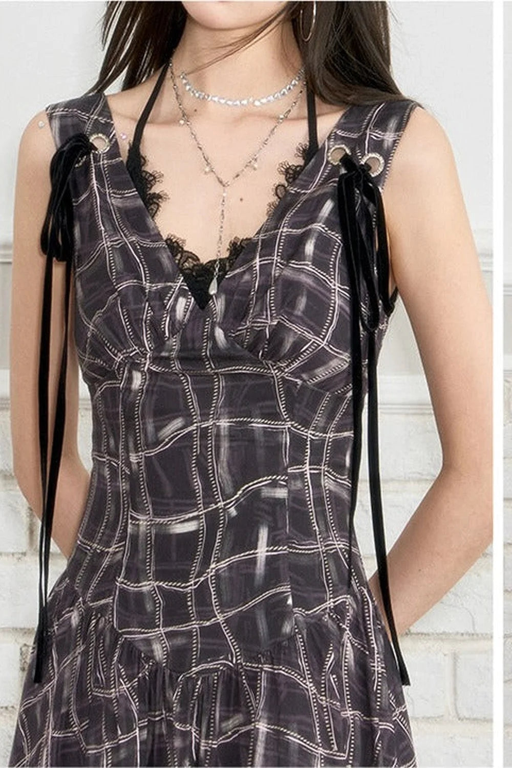 Velvet Plaid Tie-Up Dress