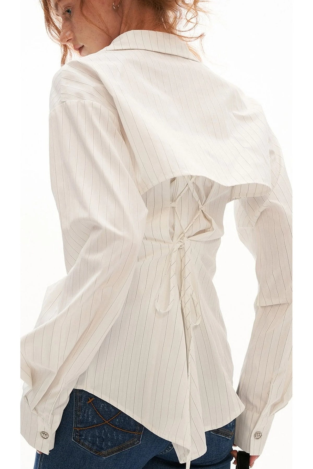 Vertical Stripe Shirt Jacket with Tie Waist Camisole Set