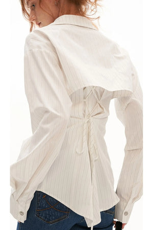 Vertical Stripe Shirt Jacket with Tie Waist Camisole Set