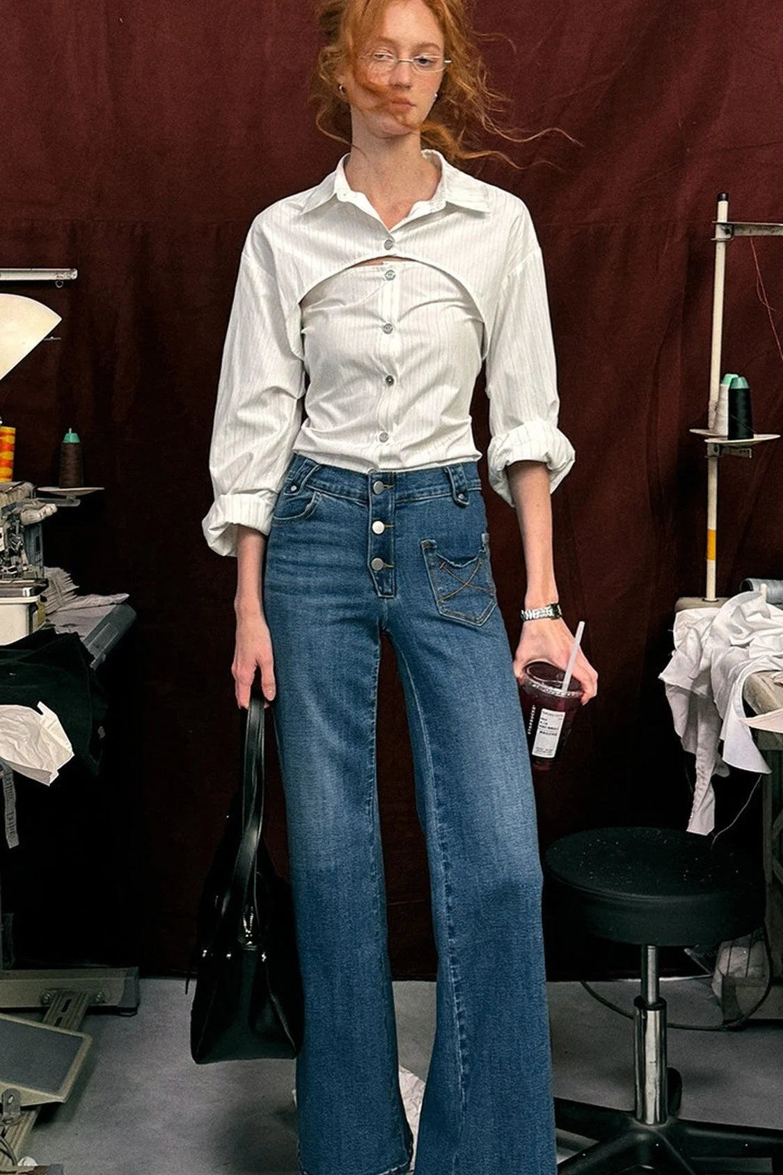 Vertical Stripe Shirt Jacket with Tie Waist Camisole Set