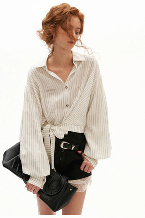 Vertical Striped Tie-Waist Lantern Sleeve Shirt