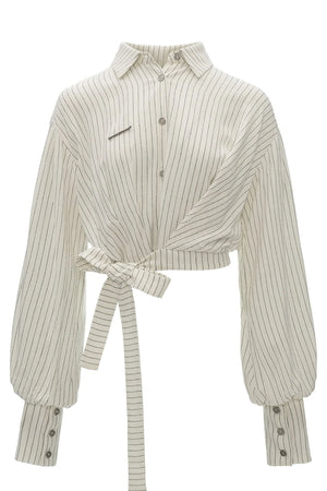 Vertical Striped Tie-Waist Lantern Sleeve Shirt