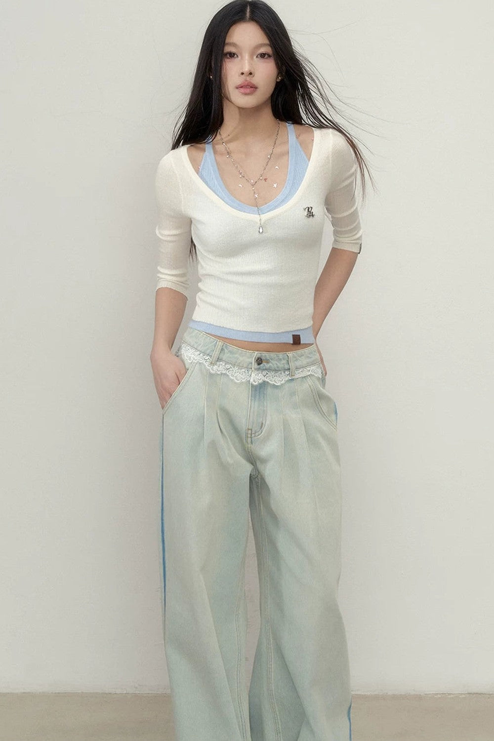 Viapitti Lace Patchwork Straight Jeans