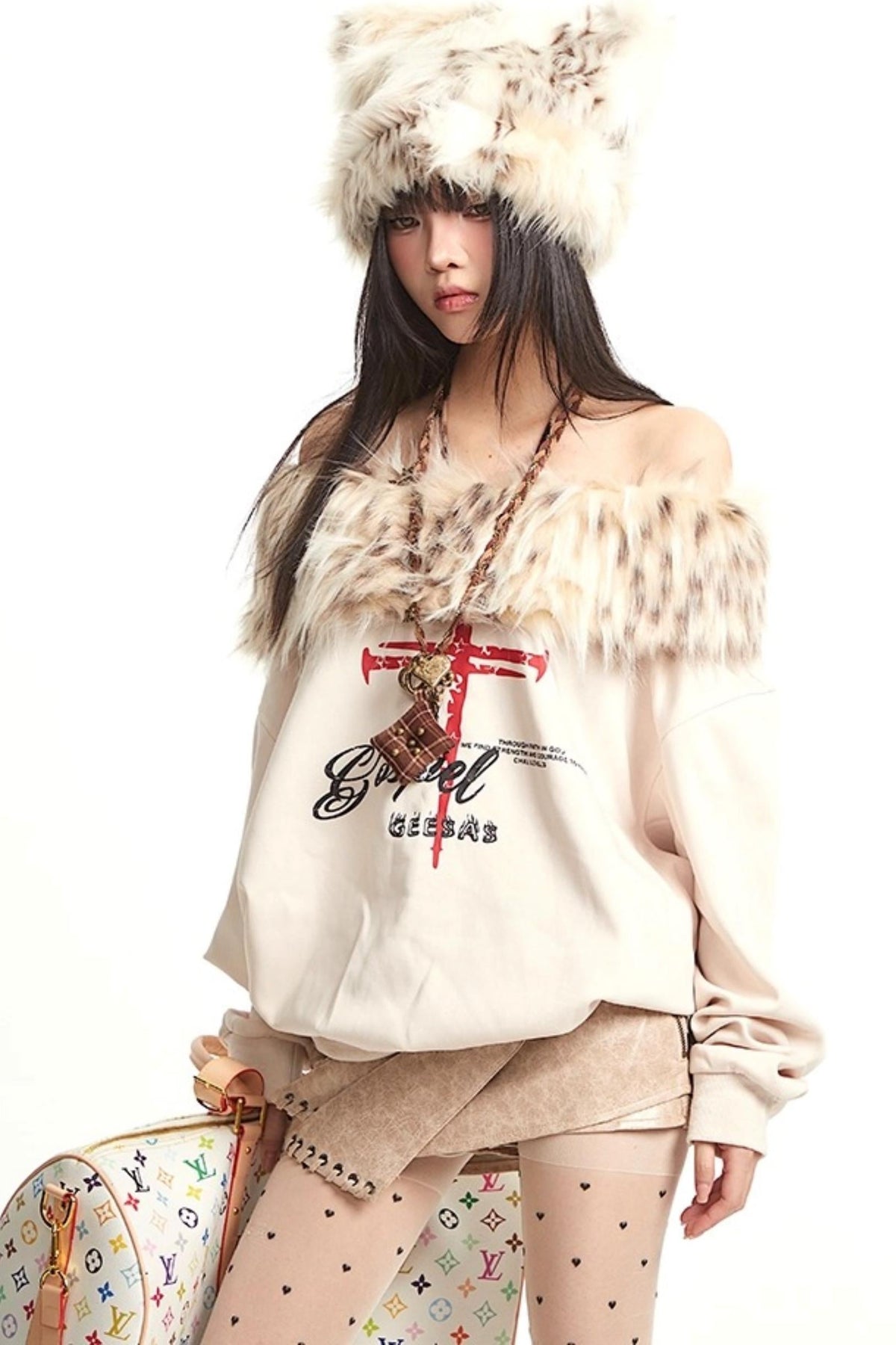 Vintage Apricot One-Shoulder Fur Collar Sweatshirt