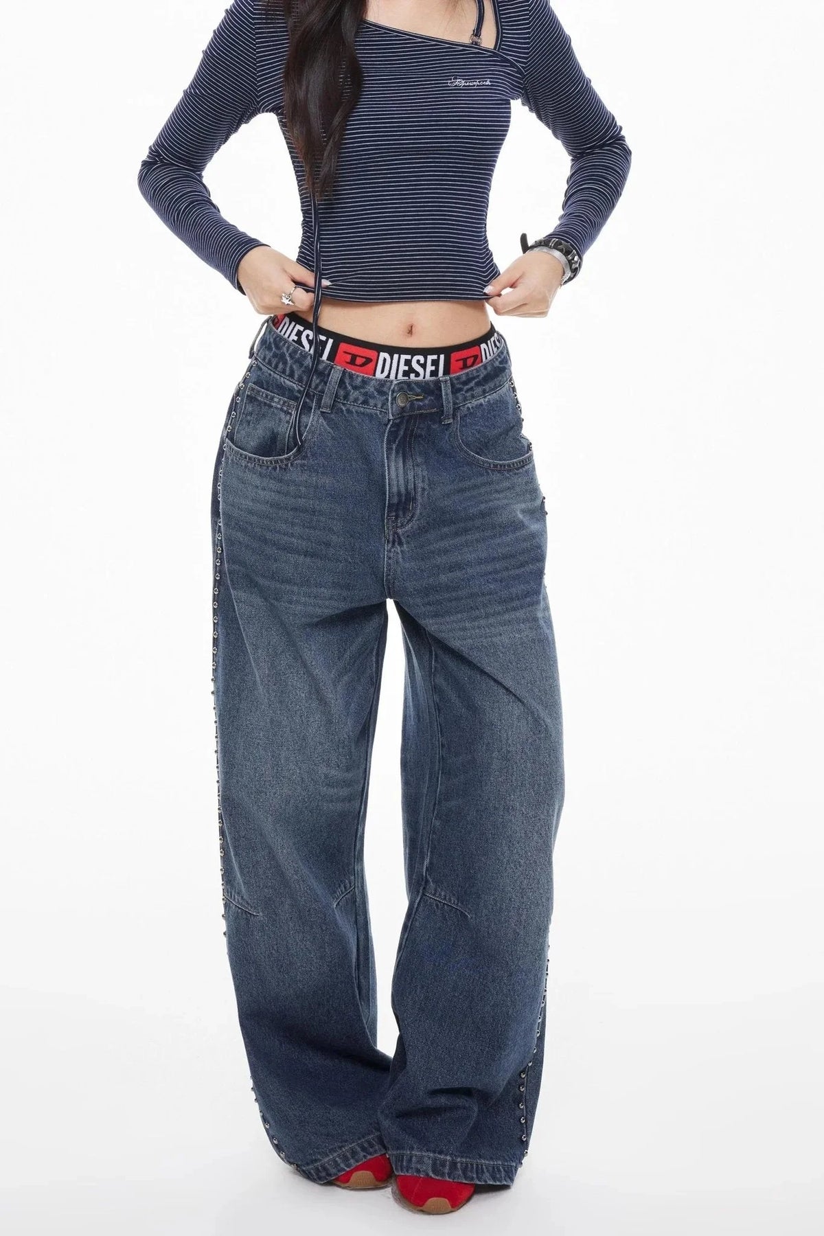 Vintage Blue Beaded Wide-Leg Jeans
