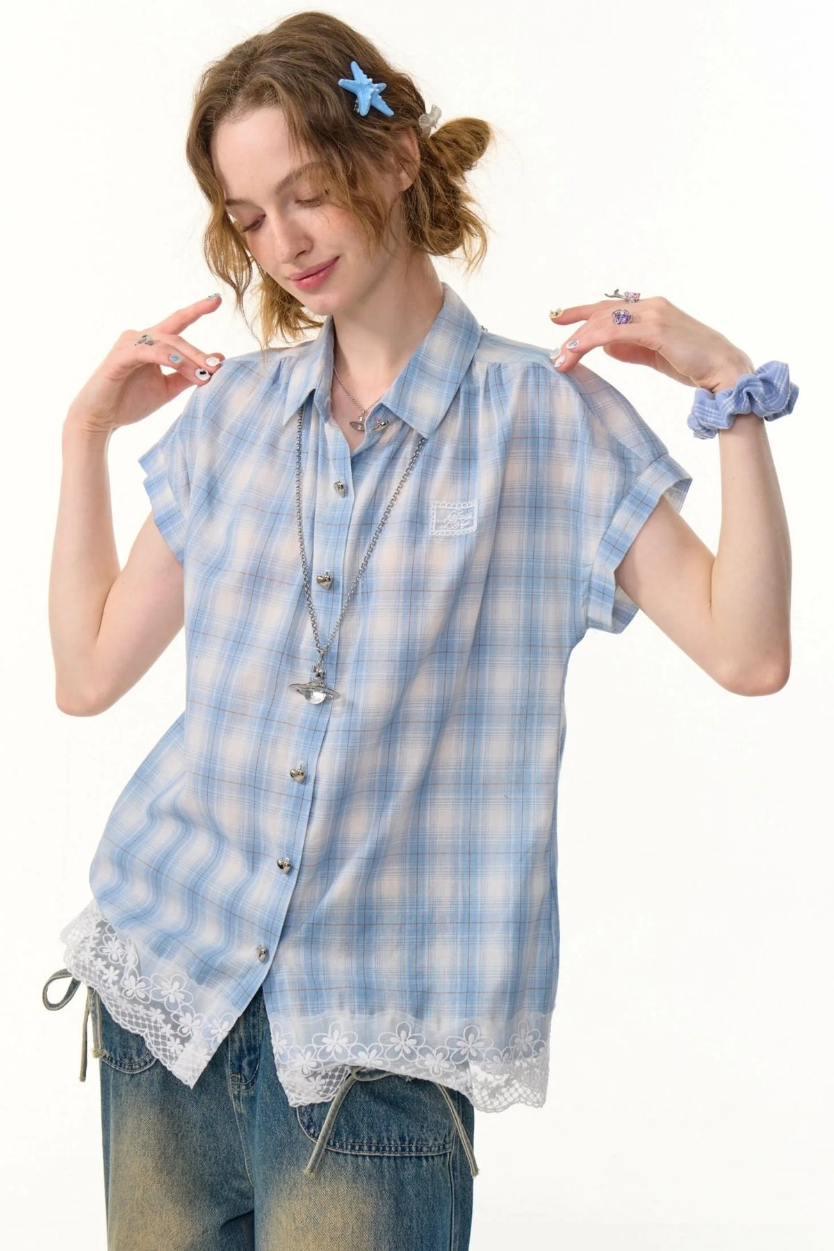Vintage Blue Plaid Lace Trim Top