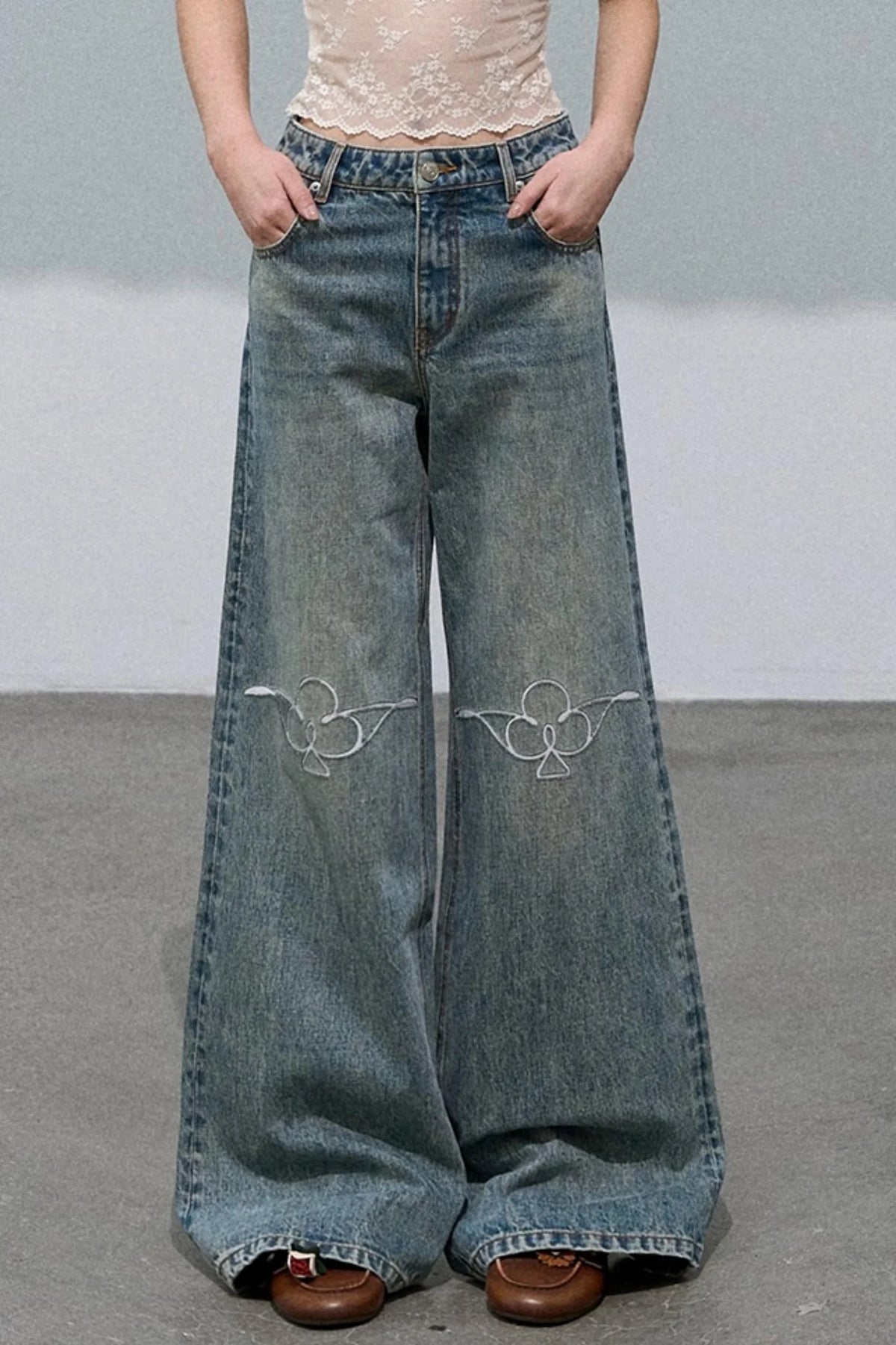 Vintage Burnt Flower Wide-Leg Jeans