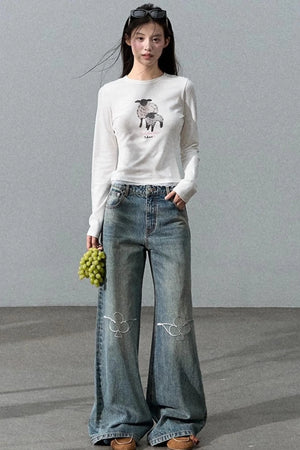 Vintage Burnt Flower Wide-Leg Jeans