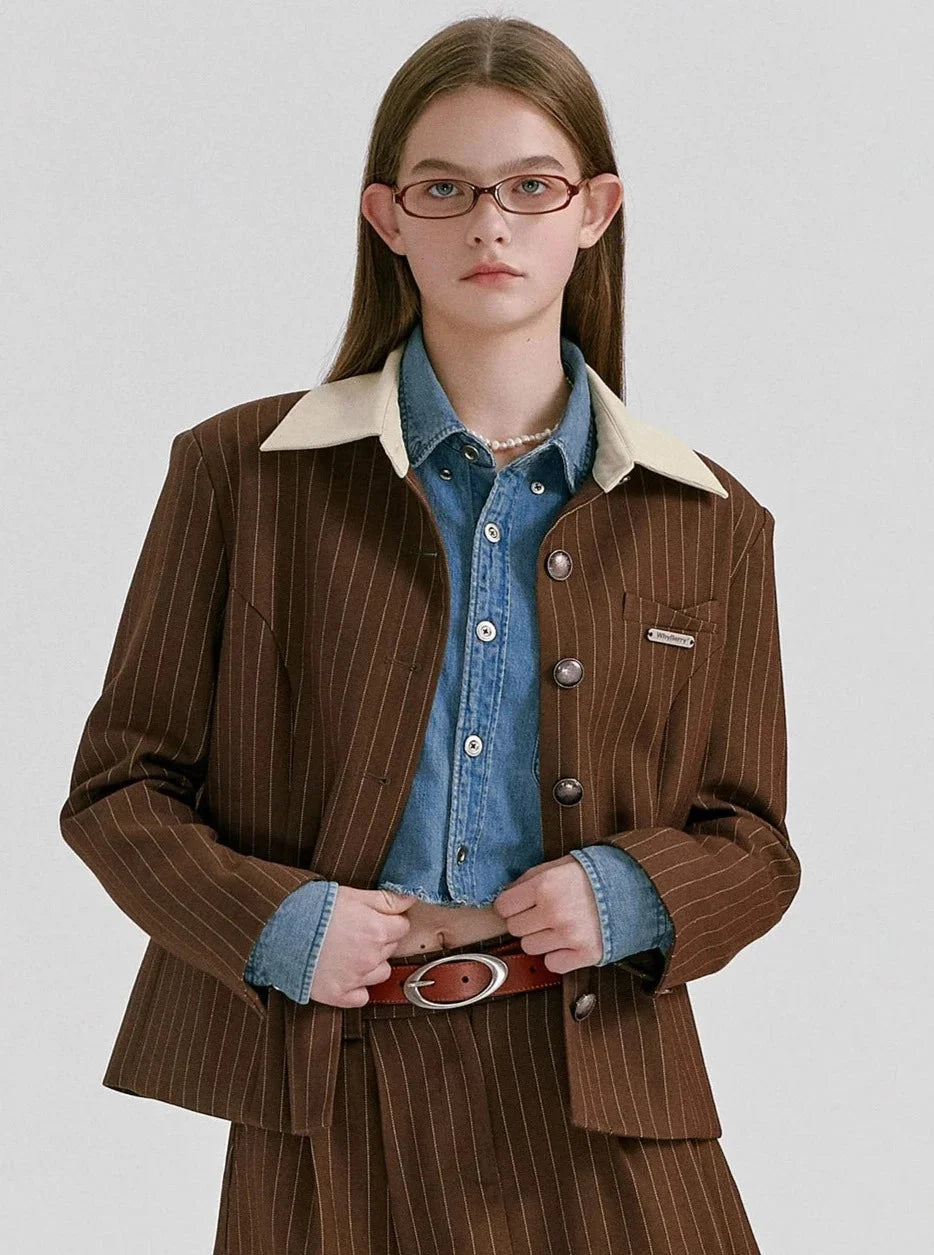 A brown pinstriped jacket with a cream-colored collar.