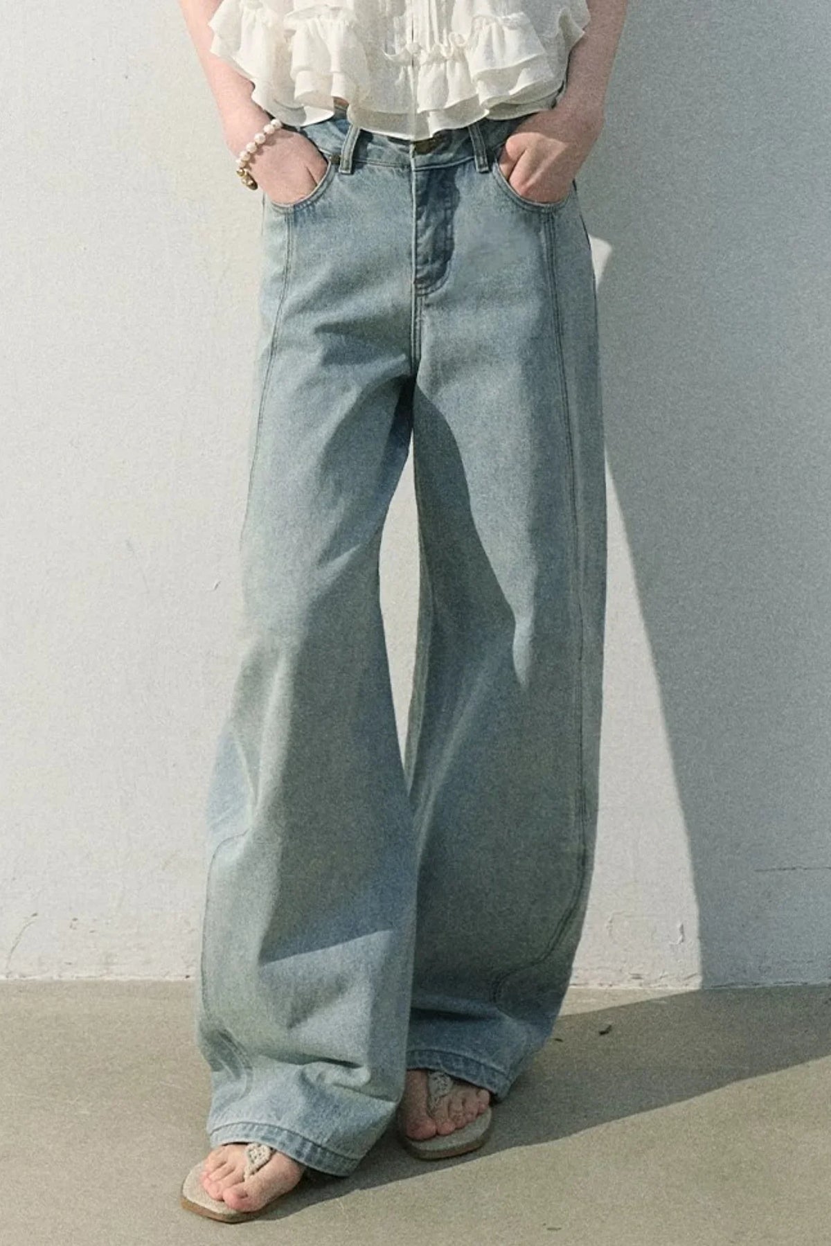 Vintage Distressed Cotton Wide-Leg Pants