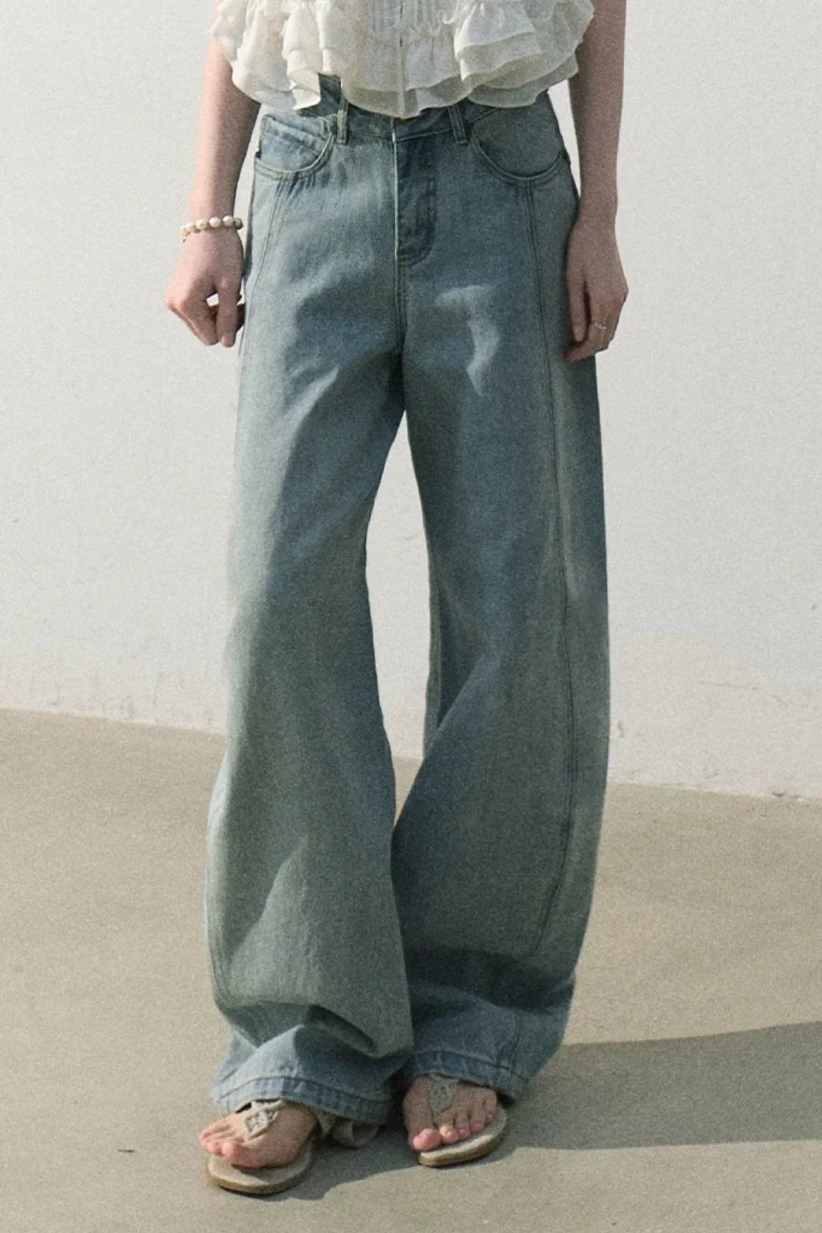 Vintage Distressed Cotton Wide-Leg Pants