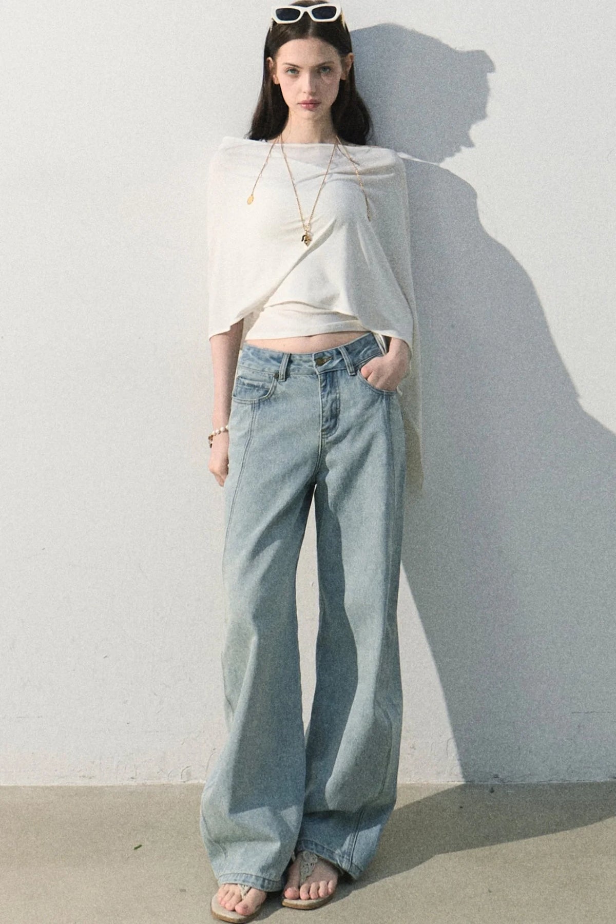 Vintage Distressed Cotton Wide-Leg Pants