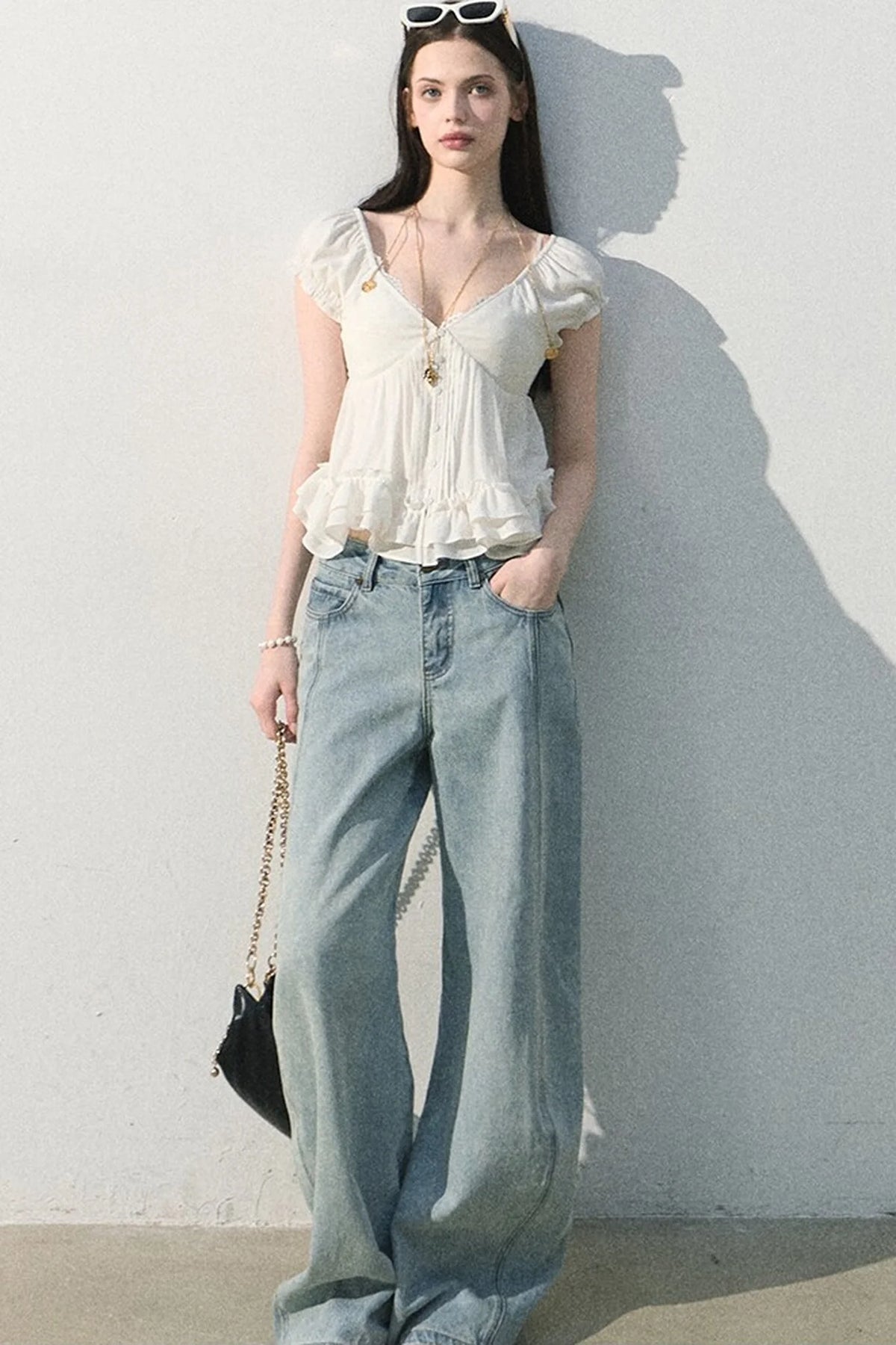 Vintage Distressed Cotton Wide-Leg Pants