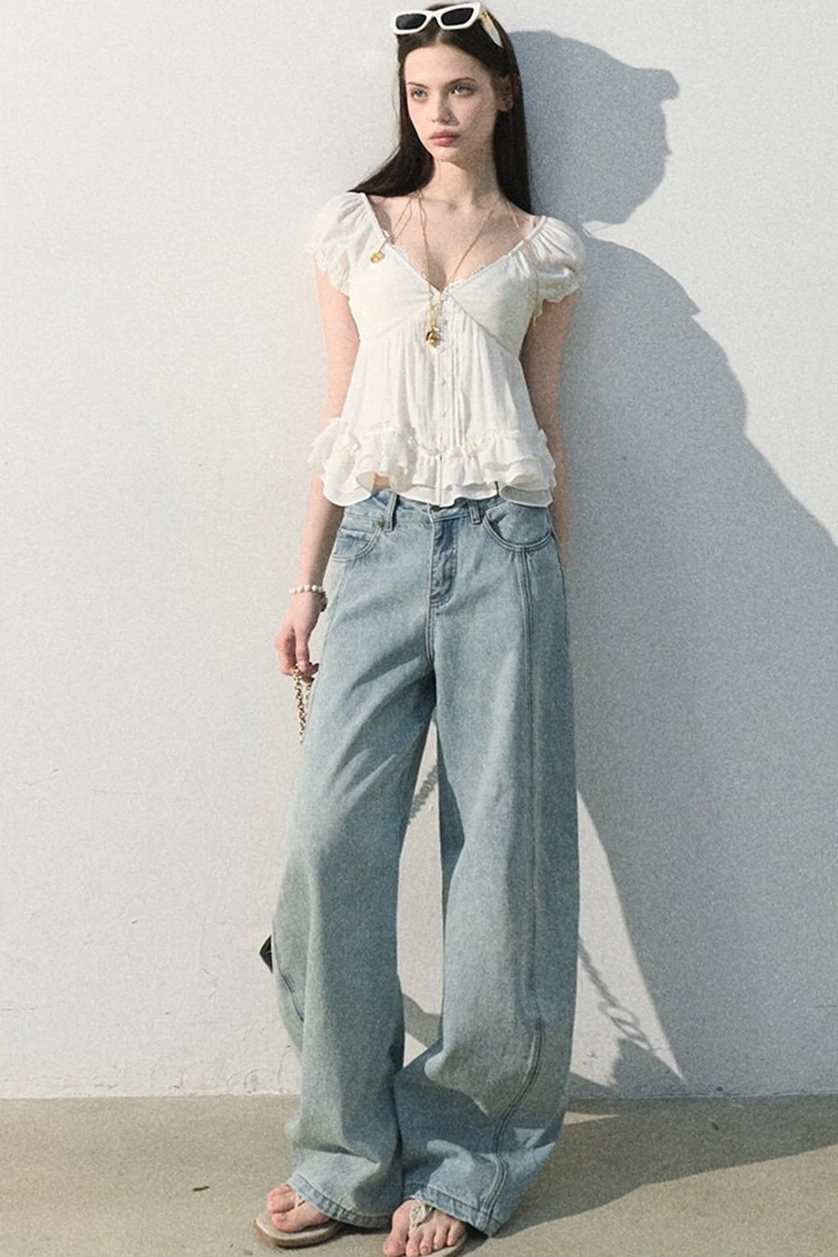 Vintage Distressed Cotton Wide-Leg Pants