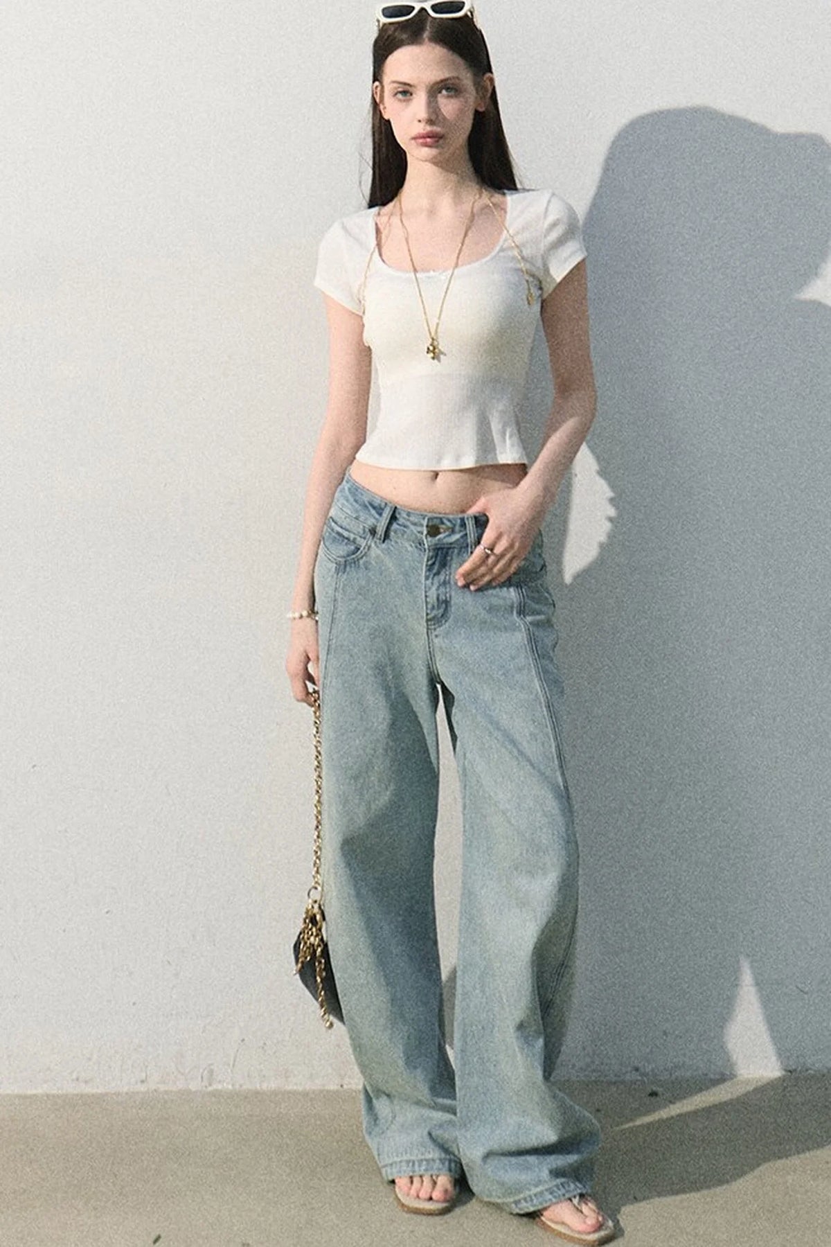 Vintage Distressed Cotton Wide-Leg Pants