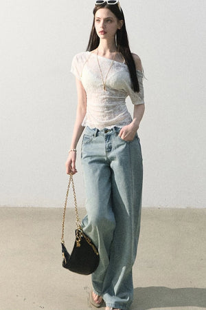 Vintage Distressed Cotton Wide-Leg Pants
