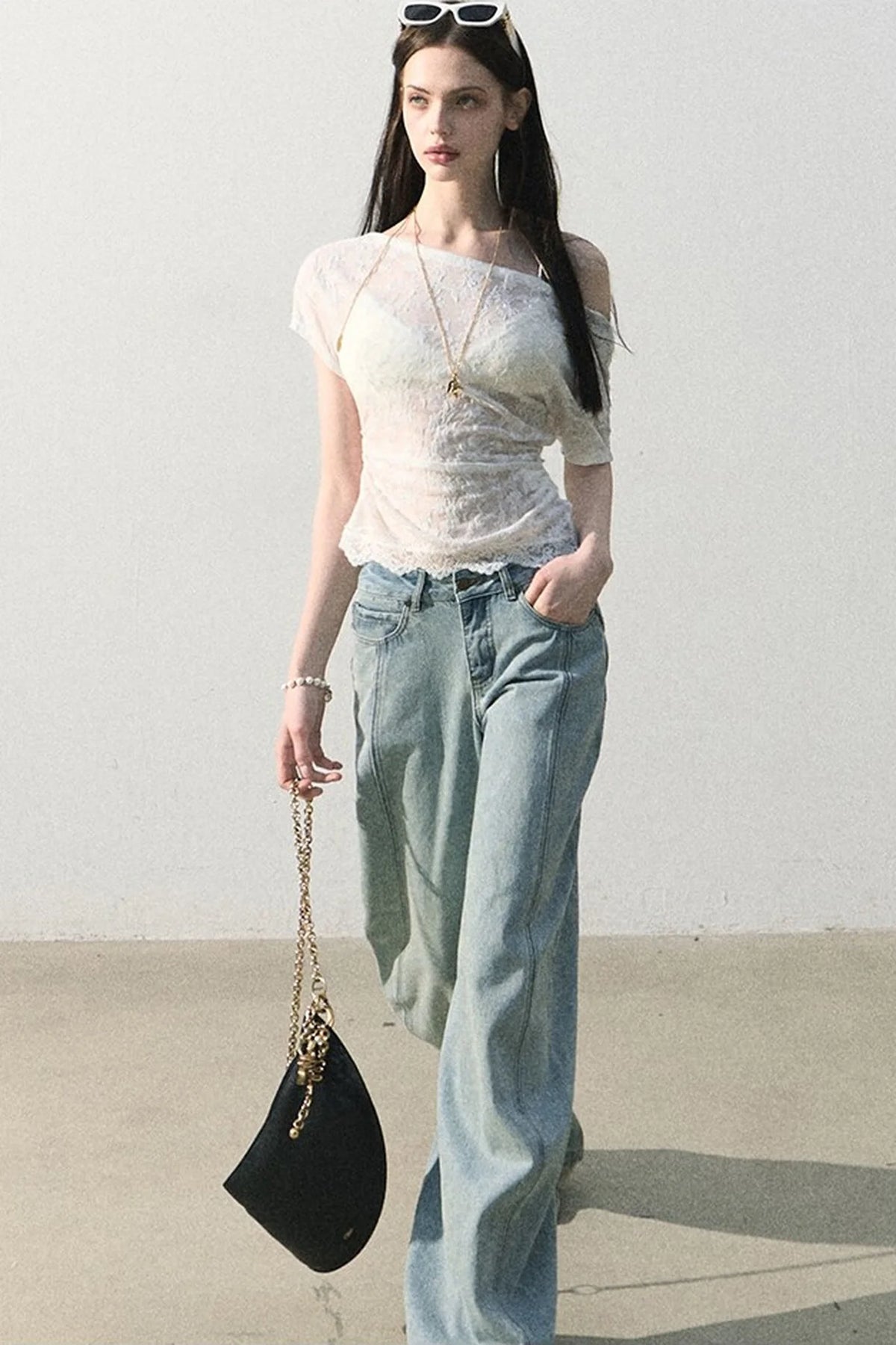 Vintage Distressed Cotton Wide-Leg Pants