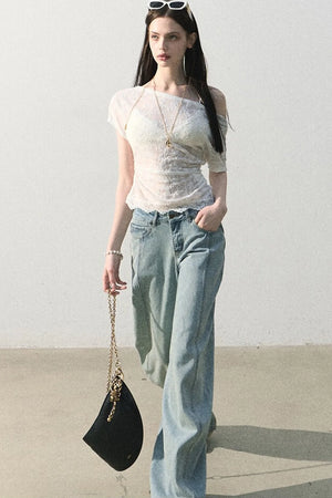 Vintage Distressed Cotton Wide-Leg Pants