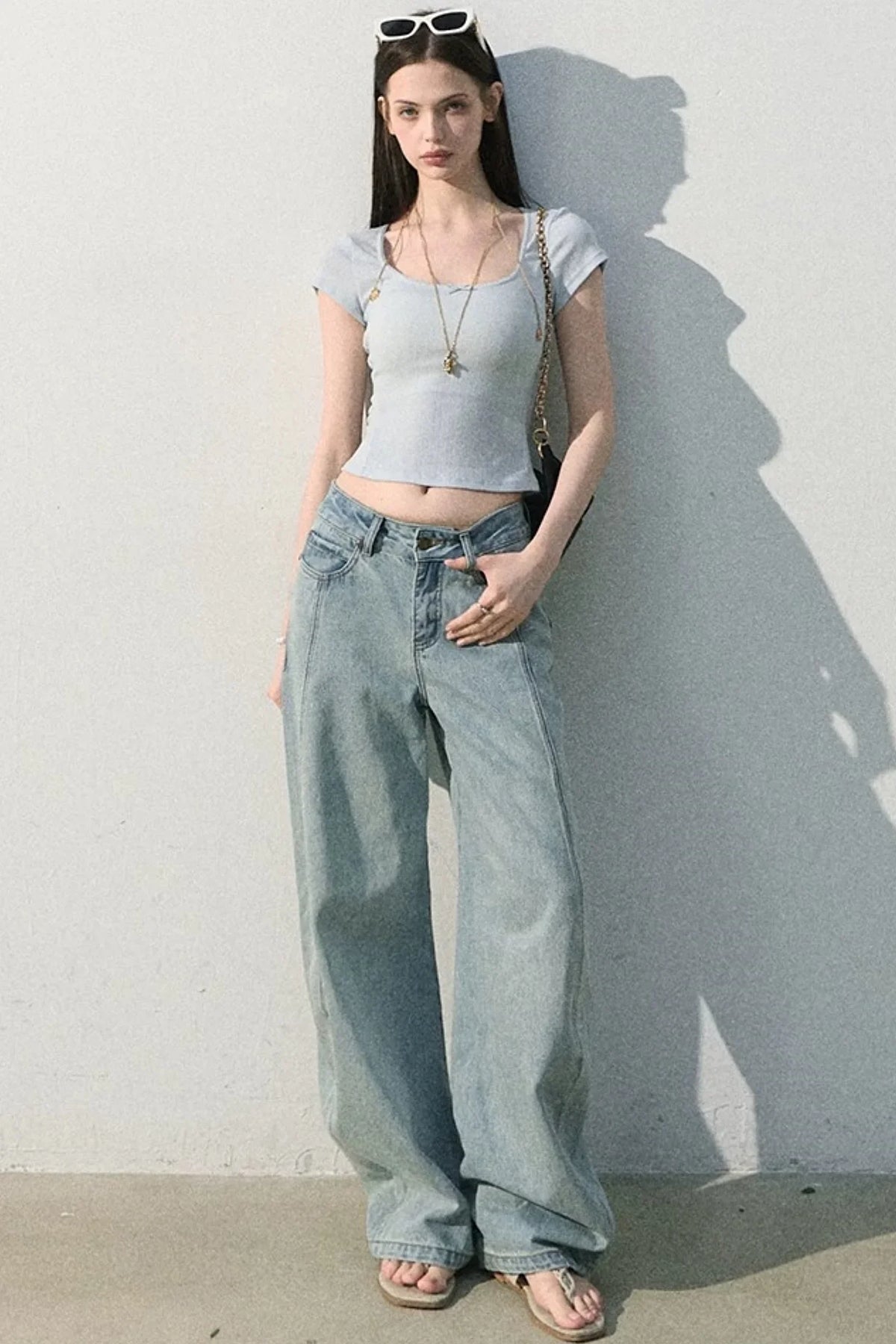 Vintage Distressed Cotton Wide-Leg Pants
