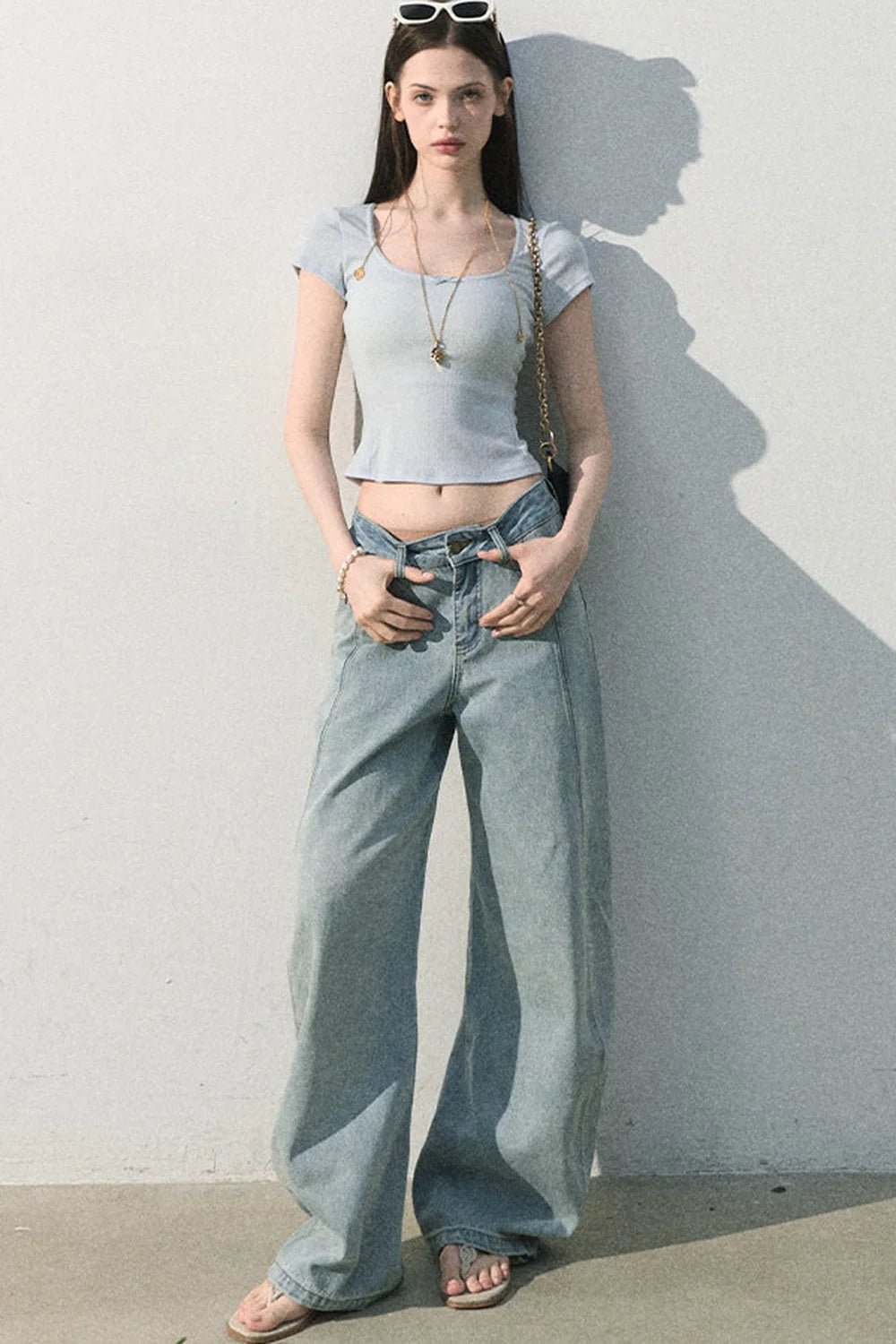 Vintage Distressed Cotton Wide-Leg Pants