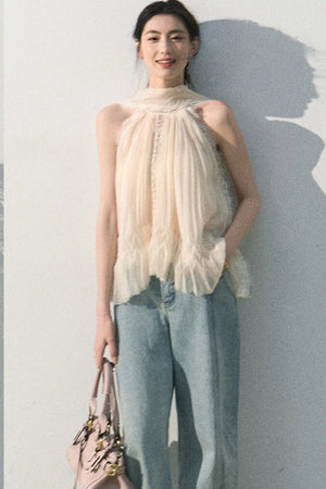 Vintage Distressed Cotton Wide-Leg Pants