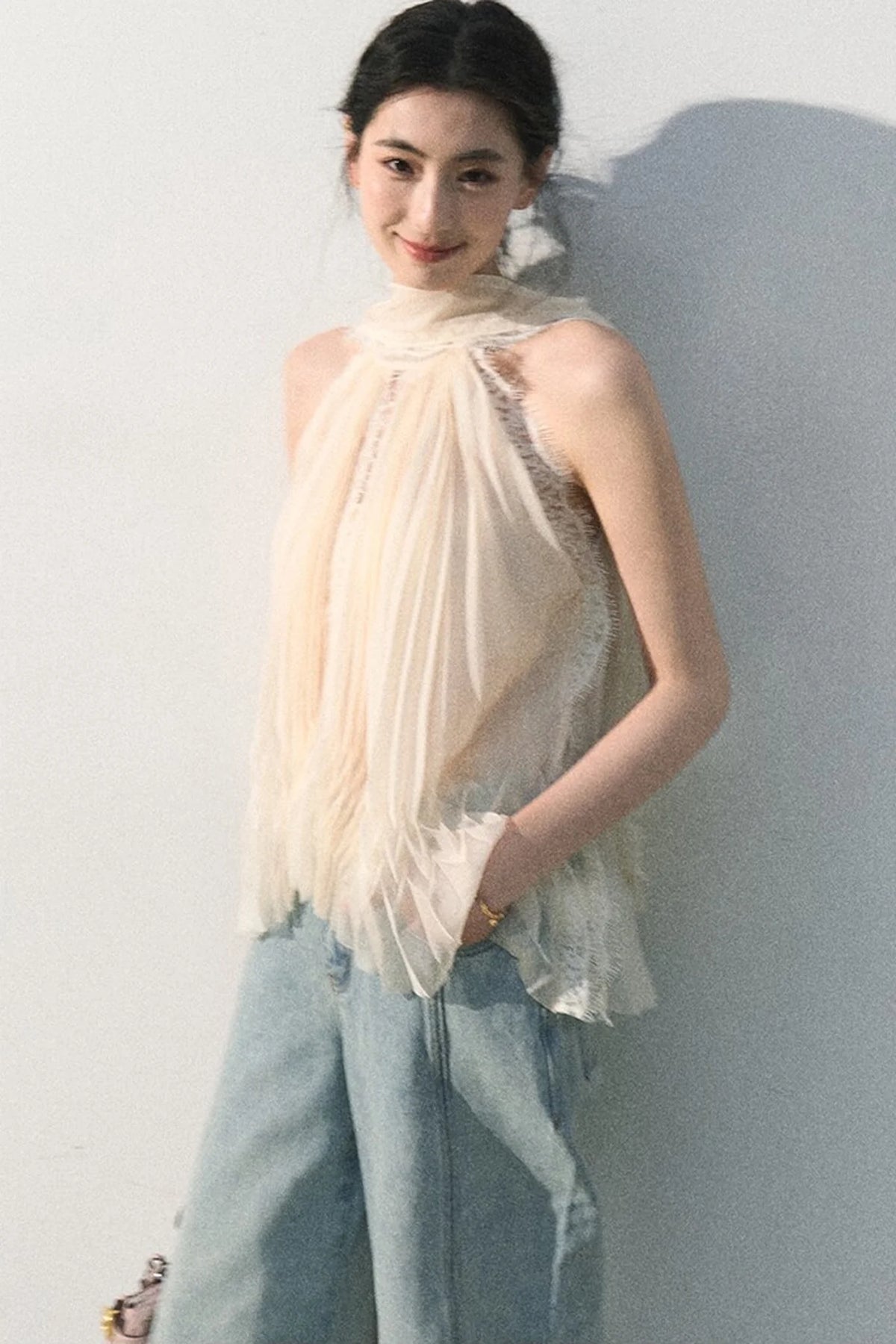 Vintage Distressed Cotton Wide-Leg Pants