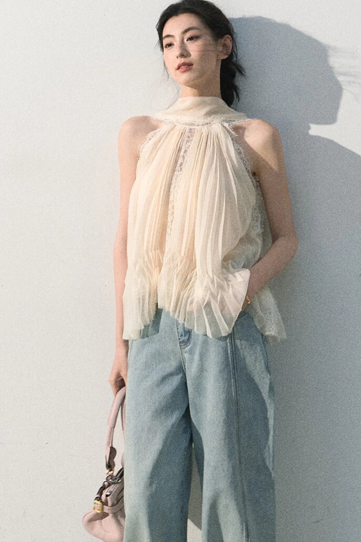 Vintage Distressed Cotton Wide-Leg Pants