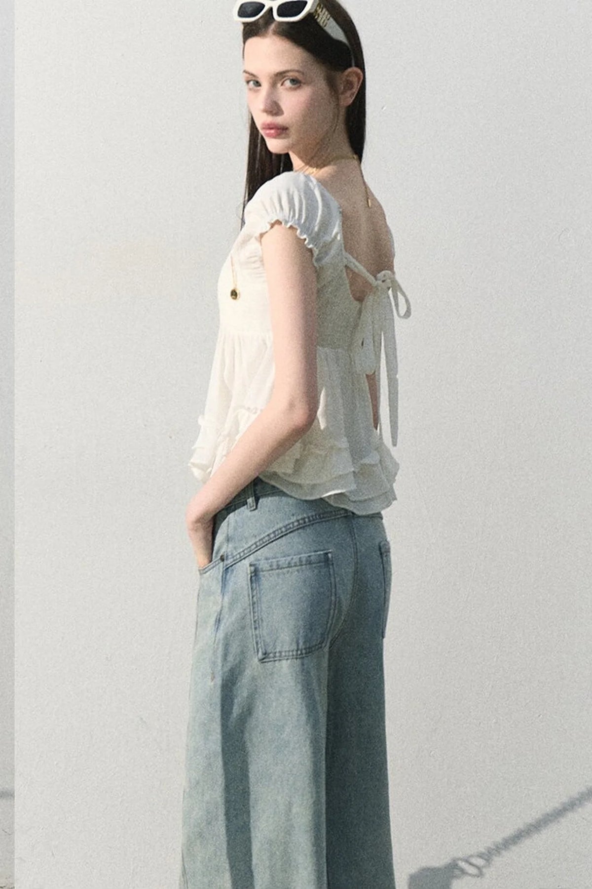 Vintage Distressed Cotton Wide-Leg Pants